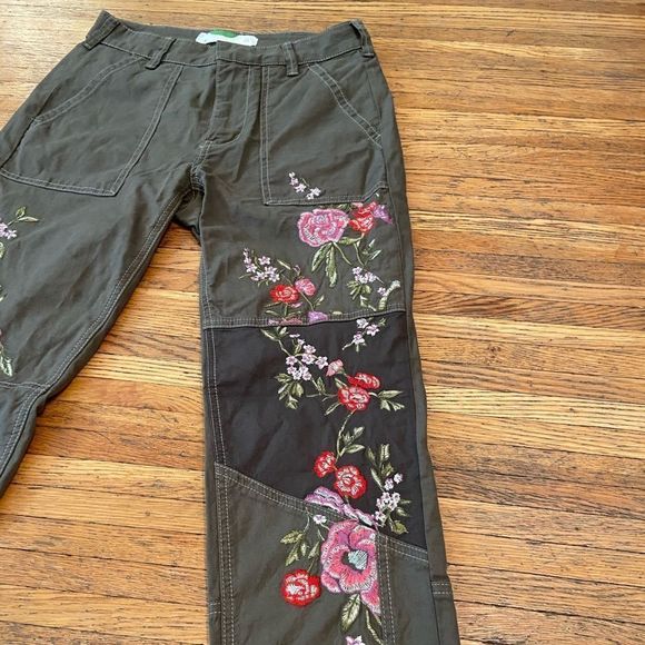 Anthropologie Floral Embroidered Pants - Olive Green with Pink and Red Accents - Picture 3 of 10
